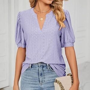 V- Neck Hollow Out Elegant Puff Short Sleeve T-Shirt Dressy Casual Loose Blouse